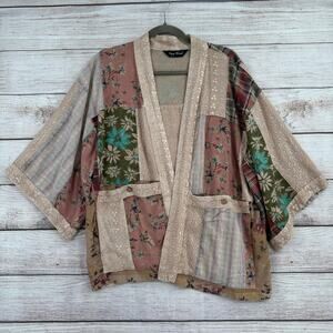 Young Threads Patchwork Open Front Kimono Top Womens One Size Pink Green
